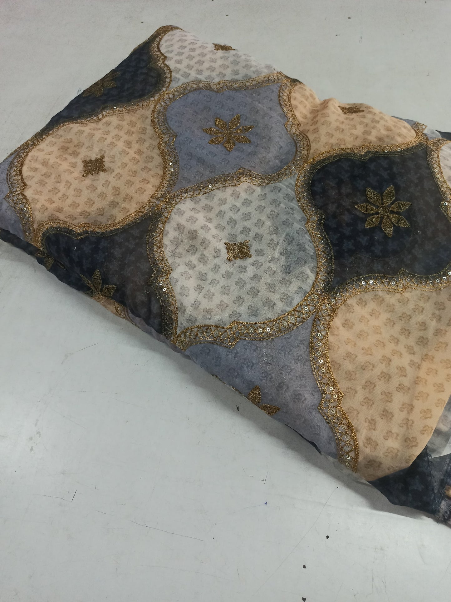 Tabby Organza Fabric – Position Printed with Embellished Gold Sequin & Mukaish Work | Festive Multicolour