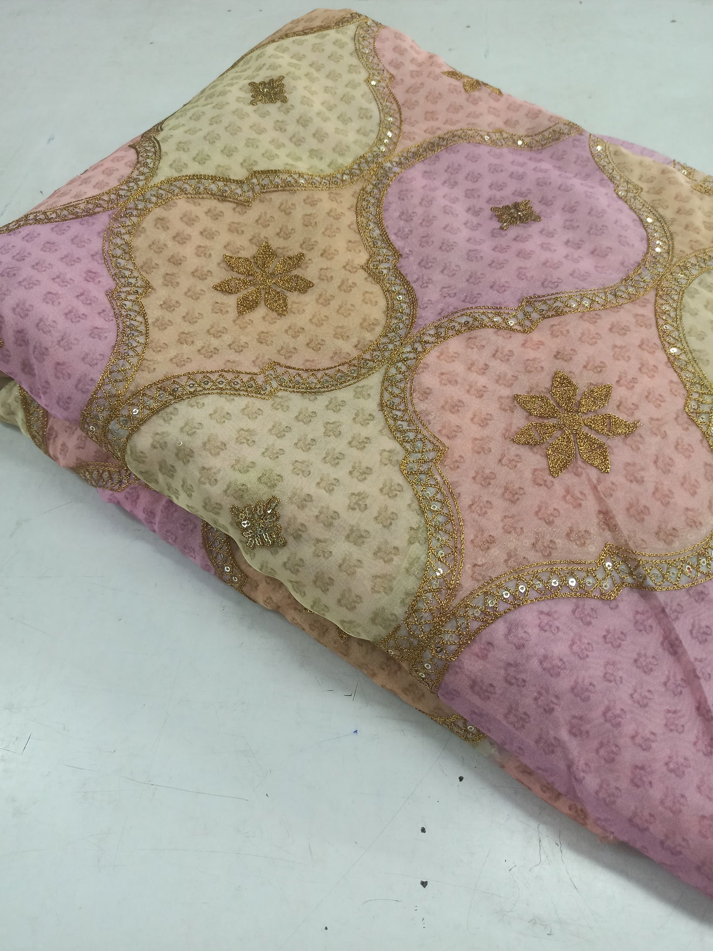 Tabby Organza Fabric – Position Printed with Embellished Gold Sequin & Mukaish Work | Festive Multicolour