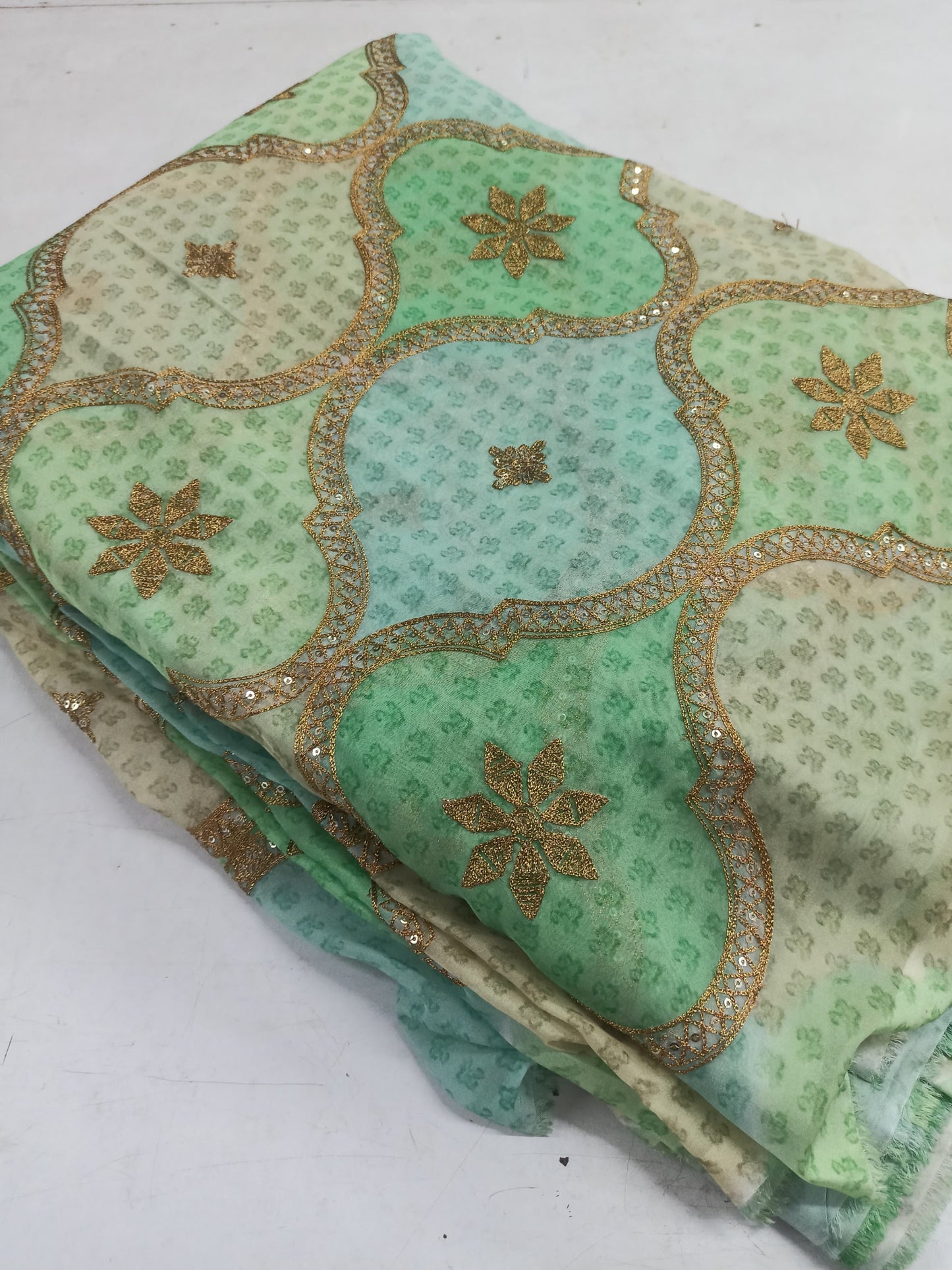 Tabby Organza Fabric – Position Printed with Embellished Gold Sequin & Mukaish Work | Festive Multicolour