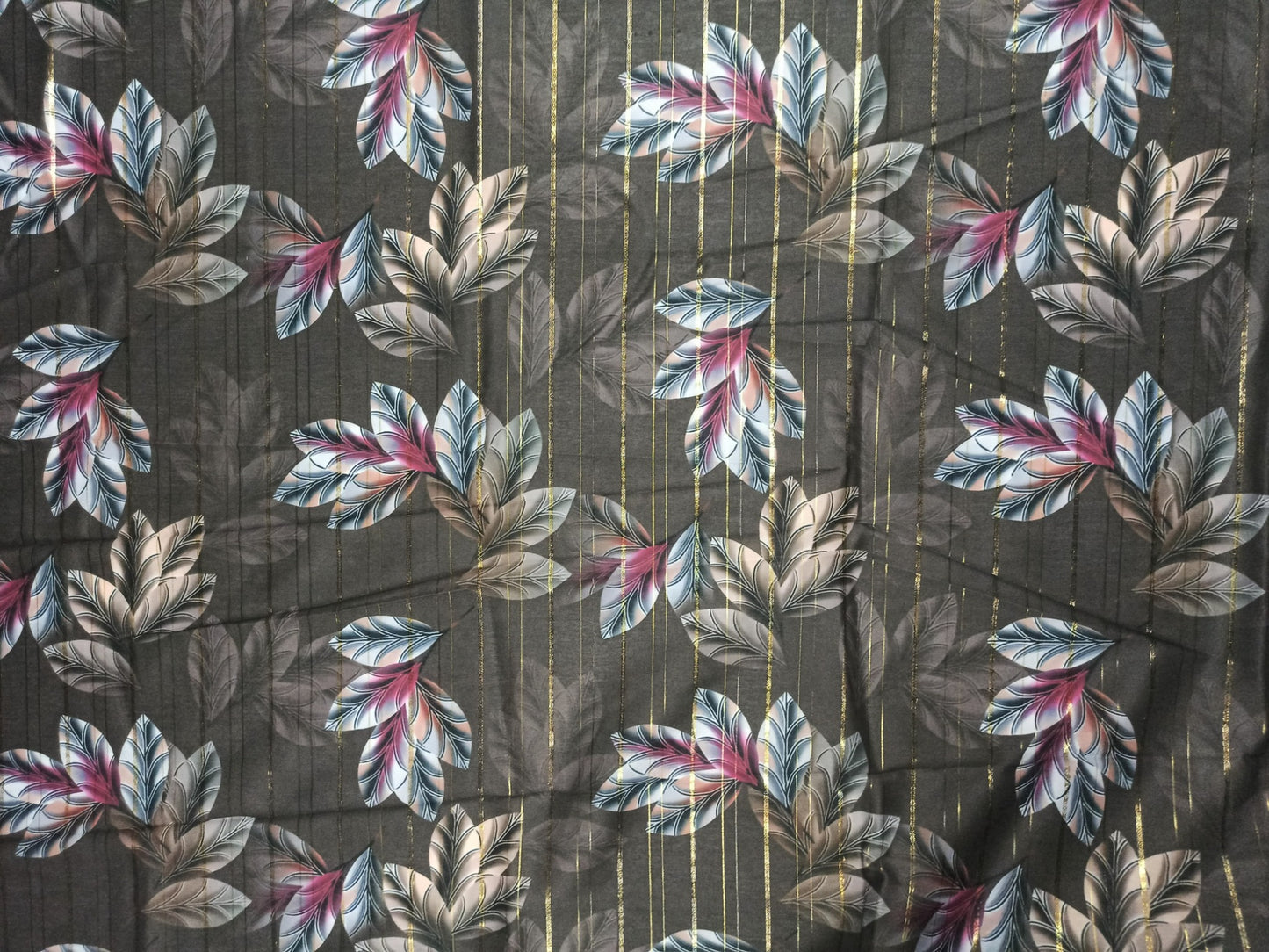 Digital Floral Print Fabric – Golden Stripe with Multicolor