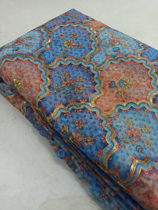 Embroidered Organza Fabric – Multi-Color Floral Design with Golden Thread Work