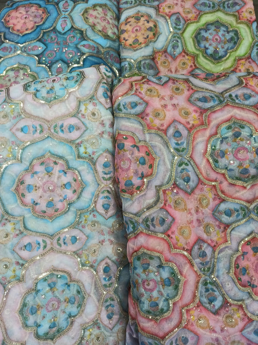 Premium Embroidered Organza Fabric | Multicolor Floral Design with Sequins