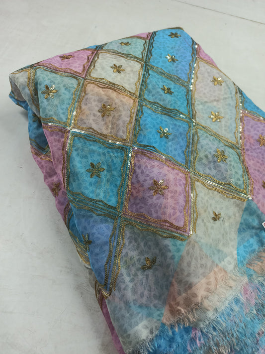 Georgette Patch Embroidered Fabric – Multicolor Block with Sequin Work