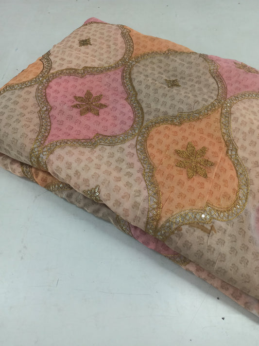 Tabby Organza Fabric – Position Printed with Embellished Gold Sequin & Mukaish Work | Festive Multicolour