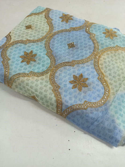 Tabby Organza Fabric – Position Printed with Embellished Gold Sequin & Mukaish Work | Festive Multicolour