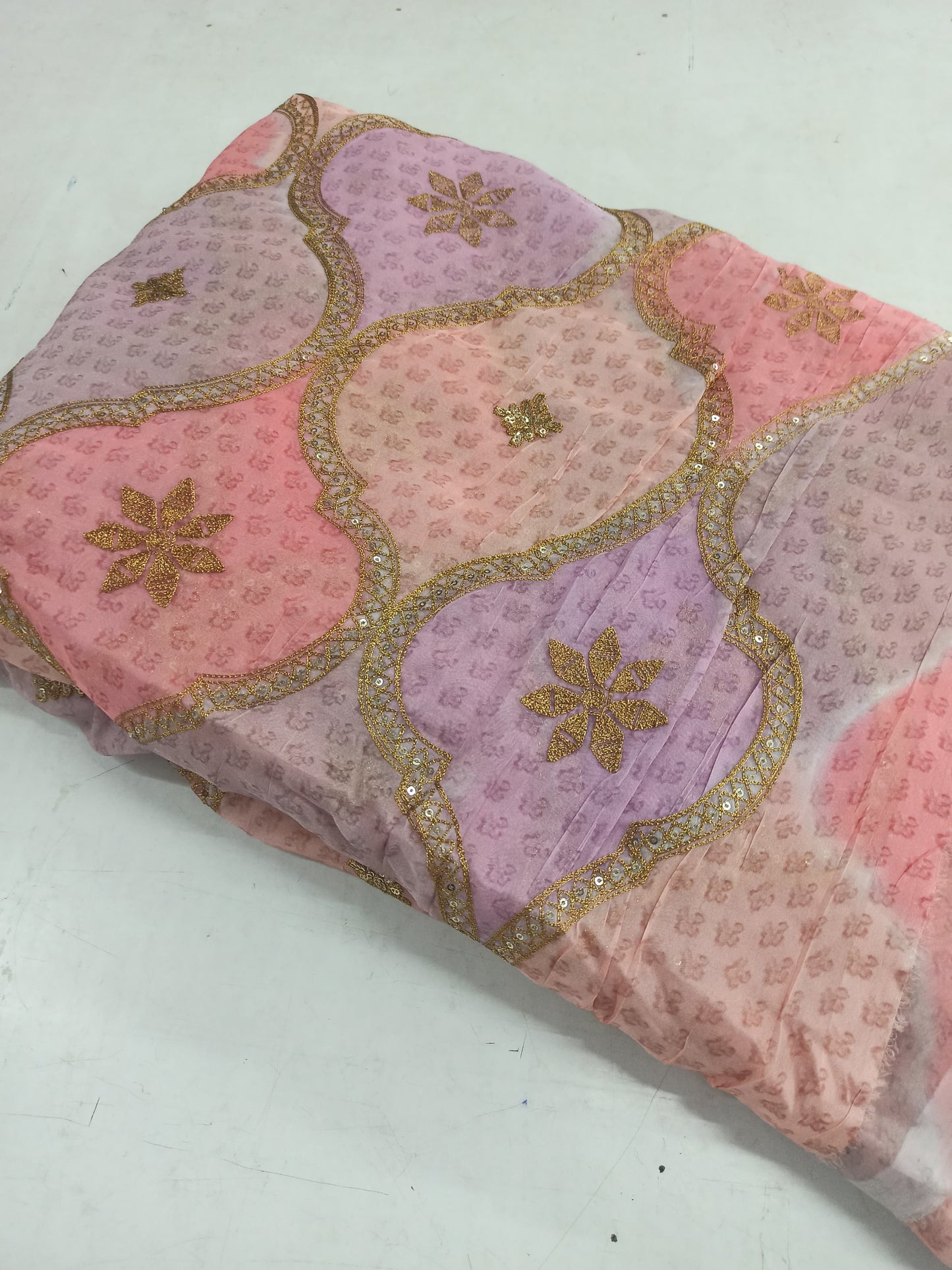Tabby Organza Fabric – Position Printed with Embellished Gold Sequin & Mukaish Work | Festive Multicolour