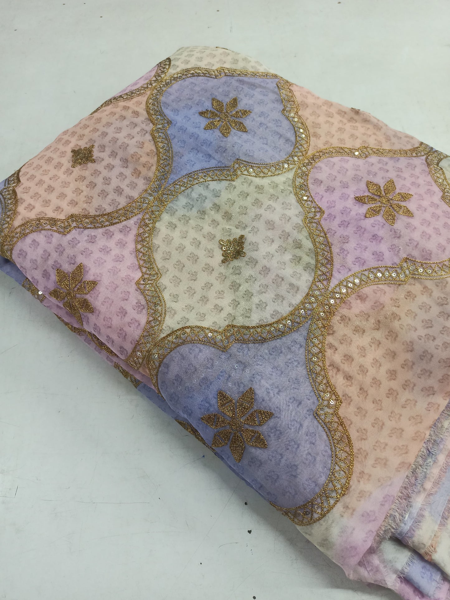 Tabby Organza Fabric – Position Printed with Embellished Gold Sequin & Mukaish Work | Festive Multicolour