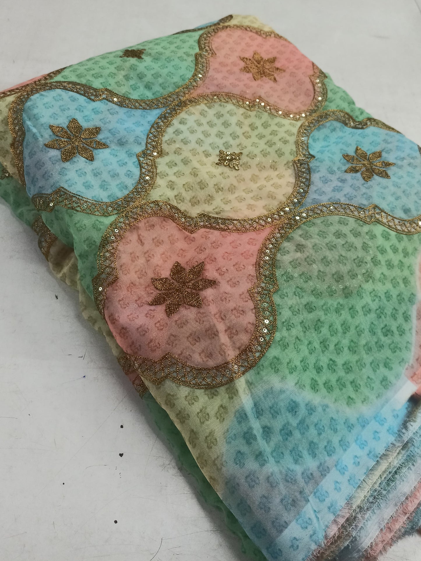 Tabby Organza Fabric – Position Printed with Embellished Gold Sequin & Mukaish Work | Festive Multicolour