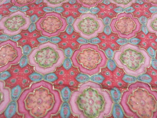 Premium Embroidered Organza Fabric | Multicolor Floral Design with Sequins