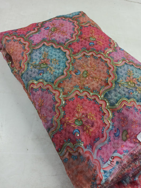 Embroidered Organza Fabric – Multi-Color Floral Design with Golden Thread Work