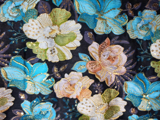 Chinon Embroidered Fabric – Floral Design with Sequins & Golden Thread