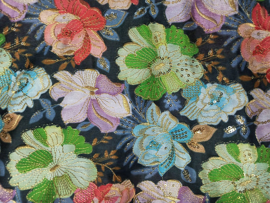Chinon Embroidered Fabric – Floral Design with Sequins & Golden Thread